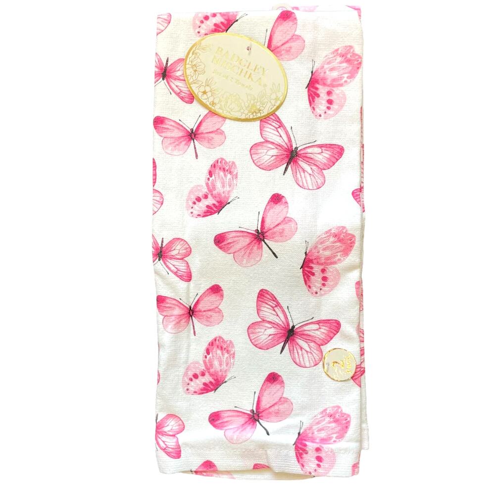 BADGLEY MISCHKA Spring PINK Butterflies Set of 2 Kitchen Towels 100% Cotton NEW